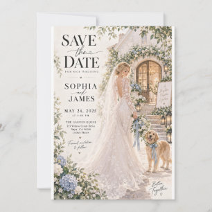 Invitation Mariée de jardin et chien, date à retenir