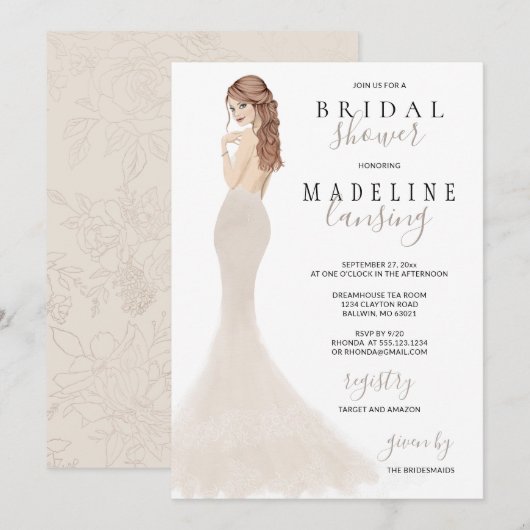 Invitation Mariée en Champagne Lace Gown Fête des mariées Inv (Devant / Derrière)