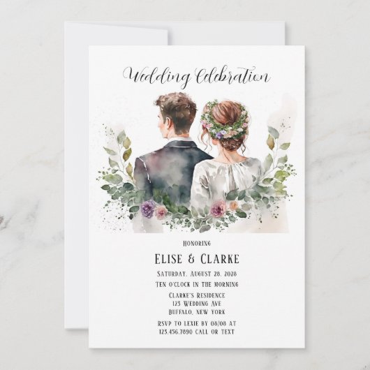 Invitation Mariée et chambre avec Mariage de fleurs botanique (Devant)