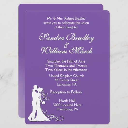 Invitation Mariée et Mariage royal violet Groom (Devant / Derrière)