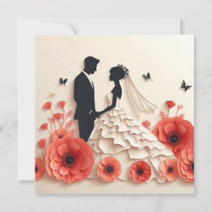 Invitation Mariée et marié en papier découpé avec des fleurs