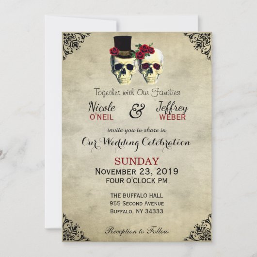 Invitation Mariée et salle de jeu Crâne Goth Rustique Mariage (Devant)