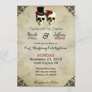 Invitation Mariée et salle de jeu Crâne Goth Rustique Mariage