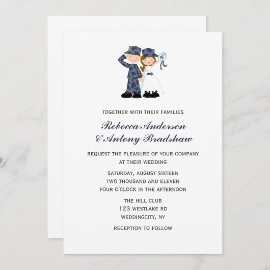 Invitation Mariée et soldat en Mariage Camouflage bleu (Devant / Derrière)