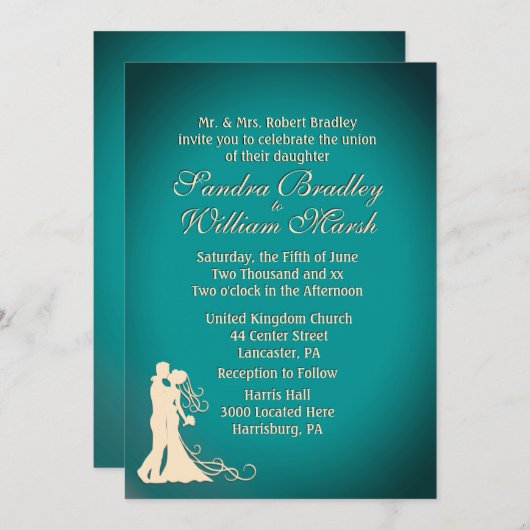 Invitation Mariée et Turquoise et crème (Devant / Derrière)