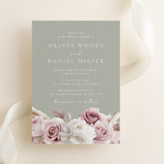 Invitation Mariée Fleurie Sauge Rose Poussiéreuse de Créateur