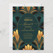 Invitation Mariée Glamour Vert et Or Art Déco (Devant)