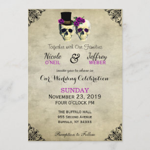 Invitation Mariée & Groom Crâne Goth Rustique Mariage violet