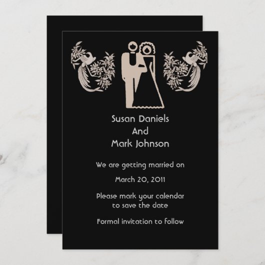 Invitation Mariée Groom Doves Noir Mariage Enregistrer La Dat (Devant / Derrière)