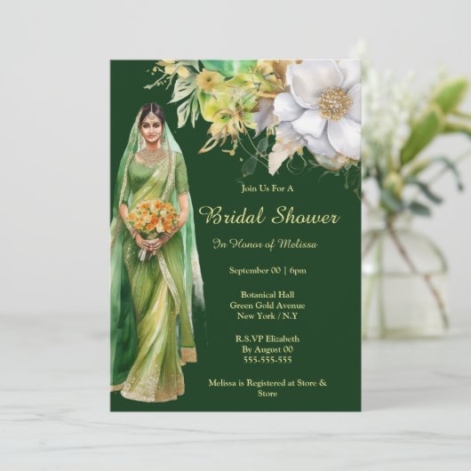 Invitation Mariée indienne pour être des fleurs d'or vert bot (Debout devant)