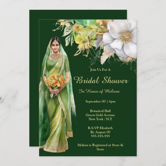 Invitation Mariée indienne pour être des fleurs d'or vert bot (Devant / Derrière)