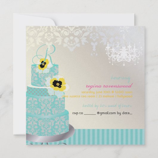 Invitation Mariée monogramme PixDezines, gâteau mariage bleu (Dos)