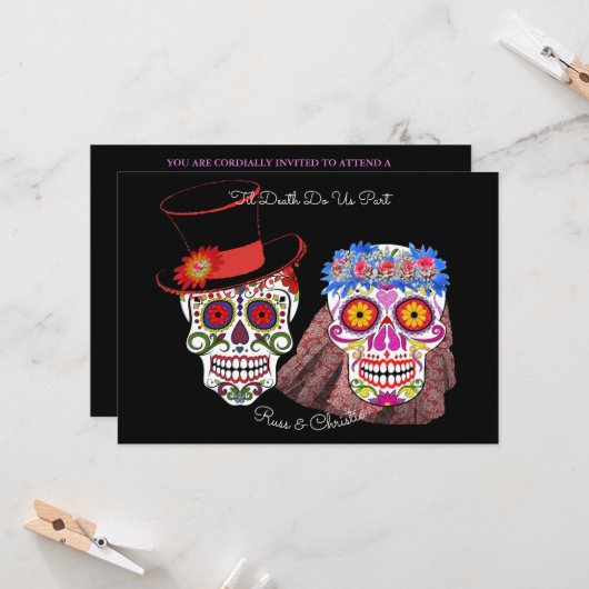Invitation Mariée & Pièce Sugar Skulls Jusqu'à la mort Fête D (Devant/Arrière en situation)