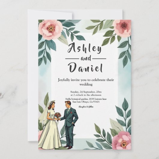 Invitation Mariée romantique et Mariage d'aquarelle de chambr (Devant)