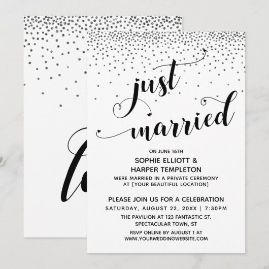 Invitation Mariés à l'instant Texte Argent Confetti Réception (Devant / Derrière)