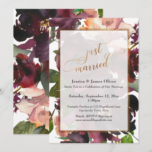 Invitation Mariés à peine, écriture dorée, floral bordeaux ro (Devant / Derrière)