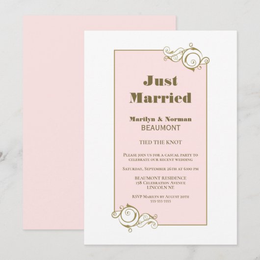 Invitation Mariés à peine unis Cadre doré Rose Réception de m (Devant / Derrière)