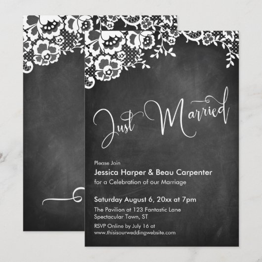 Invitation Mariés Calligraphie Tableau Noir & Dentelle (Devant / Derrière)