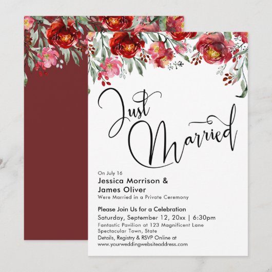 Invitation Mariés de frais Typographie Rouge bordeaux Floral (Devant / Derrière)