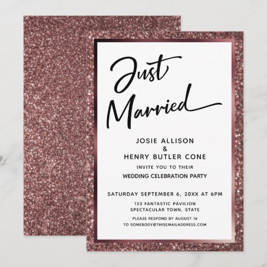 Invitation Mariés depuis peu Écriture Or Rose Pailleté Récept (Devant / Derrière)