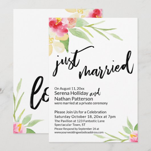 Invitation Mariés depuis peu Typographie décontractée, Fleurs (Devant / Derrière)