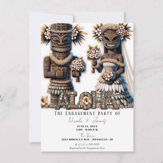 Invitation Mariés Hawaïens Polynésiens Tiki Fiançailles (Devant)