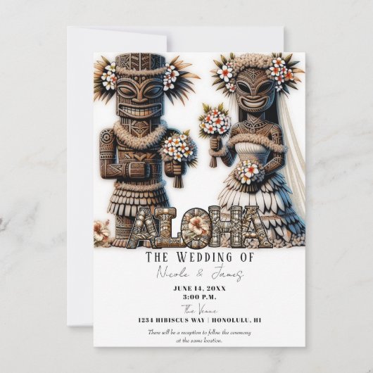 Invitation Mariés Hawaïens Polynésiens Tiki pour mariage (Devant)