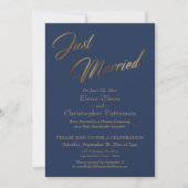 Invitation Mariés Navy & Or Script Confettis Réception (Devant)