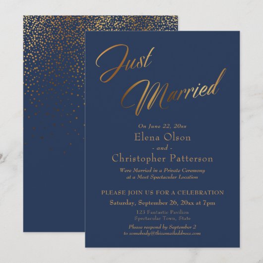 Invitation Mariés Navy & Or Script Confettis Réception (Devant / Derrière)