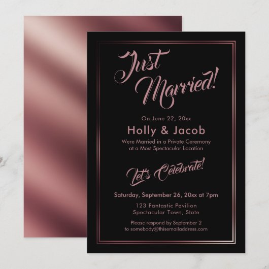Invitation Mariés Rose Gold sur Réception Mariage Noir (Devant / Derrière)