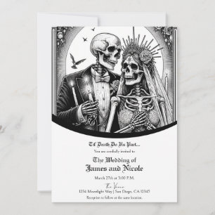 Invitation Mariés squelettes noir et blanc mariage vintage