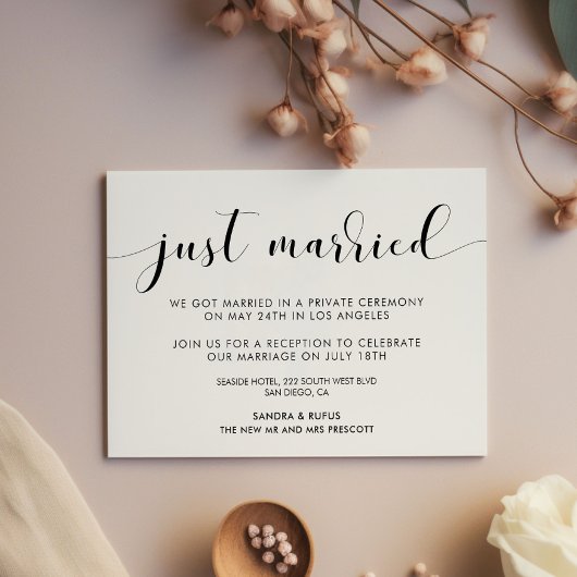 Invitation Mariés tout juste Annonce élégante noir et blanc