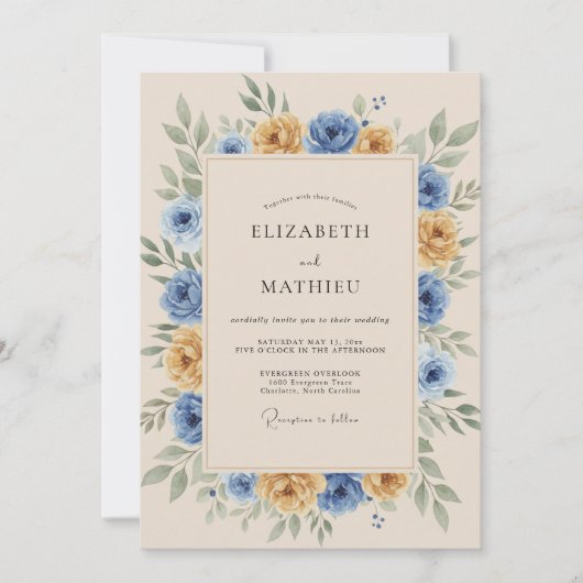 Invitation Marigold Blue Rustic Botanical Wedding (Devant)