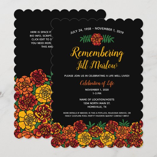 Invitation Marigold Floral Memorial Service Celebration Black (Devant / Derrière)