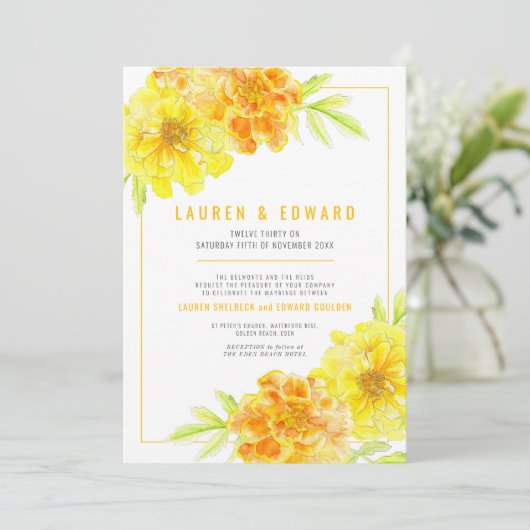 Invitation Marigold jaune orangé fleurs mariage (Debout devant)