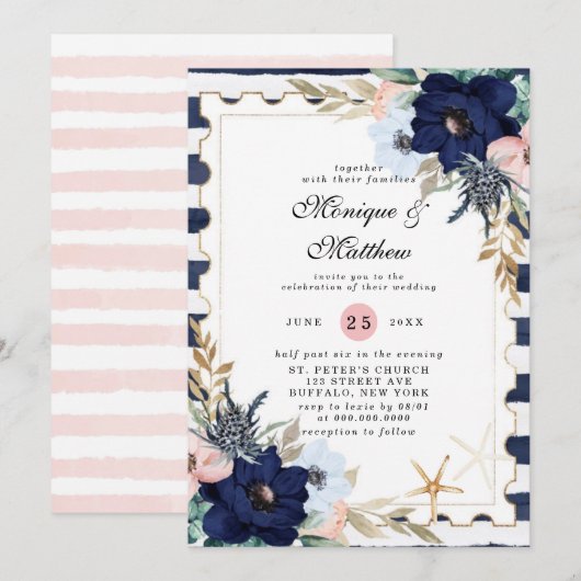 Invitation Marina Nautiques Flores Marine Blush rose Mariage  (Devant / Derrière)