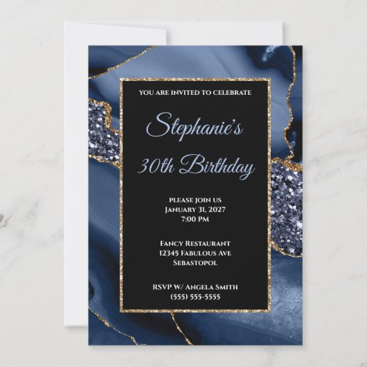 Invitation Marine Agate Gold Parties scintillant Glam 30e ann (Devant)