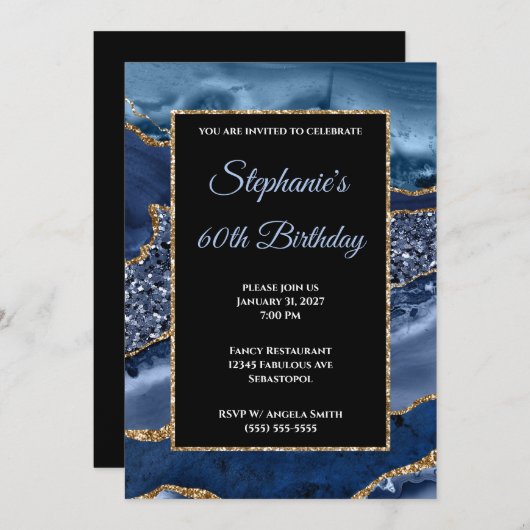 Invitation Marine Agate Gold Parties scintillant Glam 60e ann (Devant / Derrière)