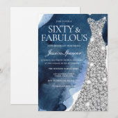 Invitation Marine Aquarelle et Argent Gown 60e fête d'anniver (Devant / Derrière)