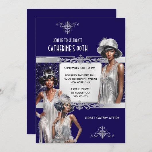 Invitation Marine argent Great Gatsby Flapper filles annivers (Devant / Derrière)