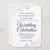 Invitation Marine & Argent sur blanc Elegant Code QR Mariage (Devant)