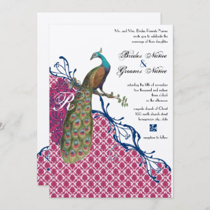 Invitation Marine & Berry Berry Monogram Damask Peacock Maria