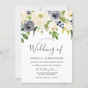 Invitation Marine & Blanc Fleurs magnifiques Mariage moderne