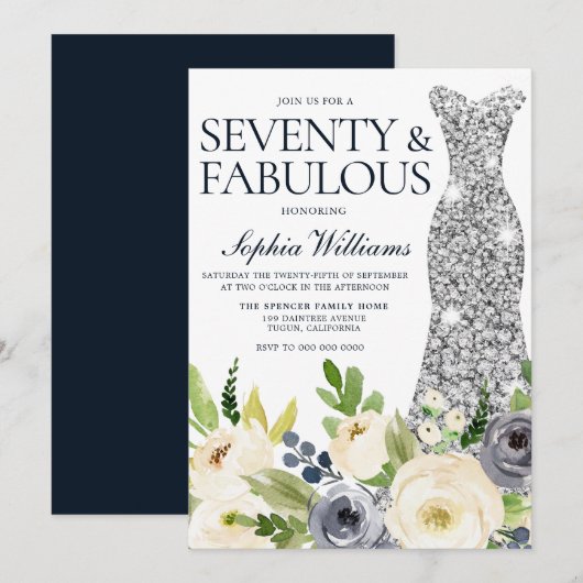 Invitation Marine Blanc Floral Argent Robe 70e anniversaire (Devant / Derrière)