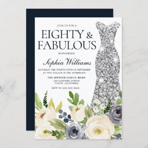 Invitation Marine Blanc Floral Argent Robe 80e fête d'anniver