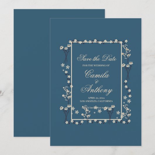Invitation Marine Blanc Floral Bordure Mariage Enregistrer La (Devant / Derrière)