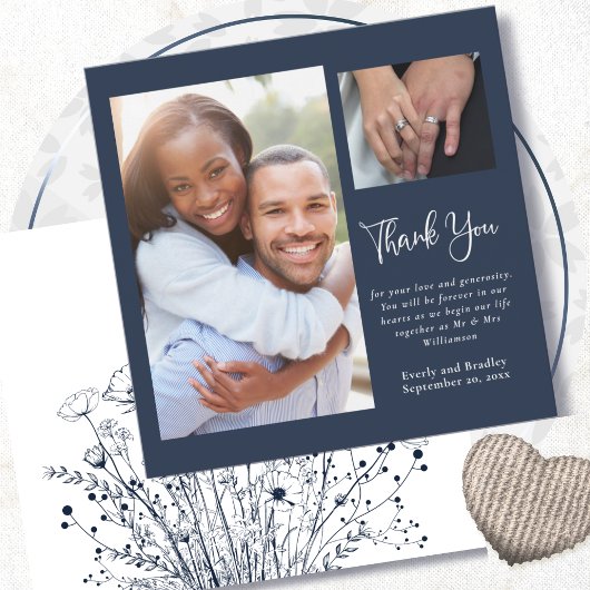 Invitation Marine Blanc Floral Mariage manuscrit Merci