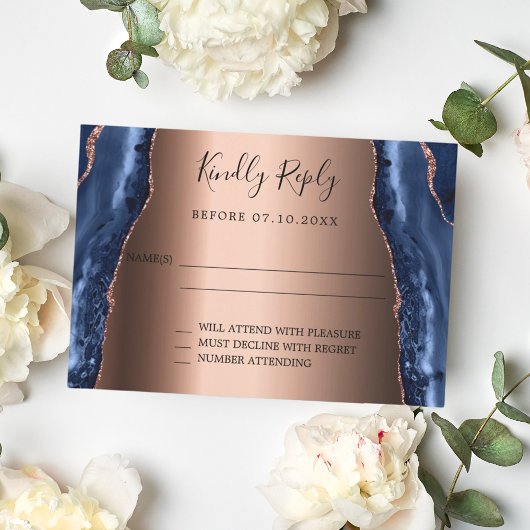Invitation Marine bleu agate marbre rose or mariage RSVP cart