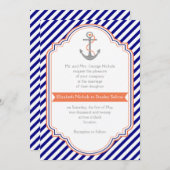 Invitation Marine bleu, ancre de corail & rayures mariage nau (Devant / Derrière)