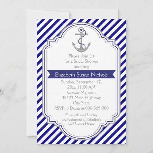 Invitation Marine bleu ancre marine mariage nuptiale douche (Devant)
